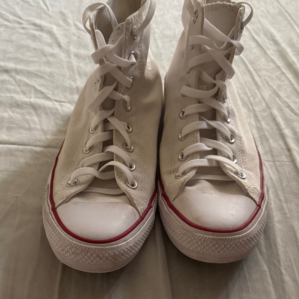 Converse White High-Tops with Red and Blue Accents
